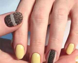 Желтый маникюр, коричневый ягуар